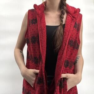 Women's Red winter pattern teddy sherpa vest